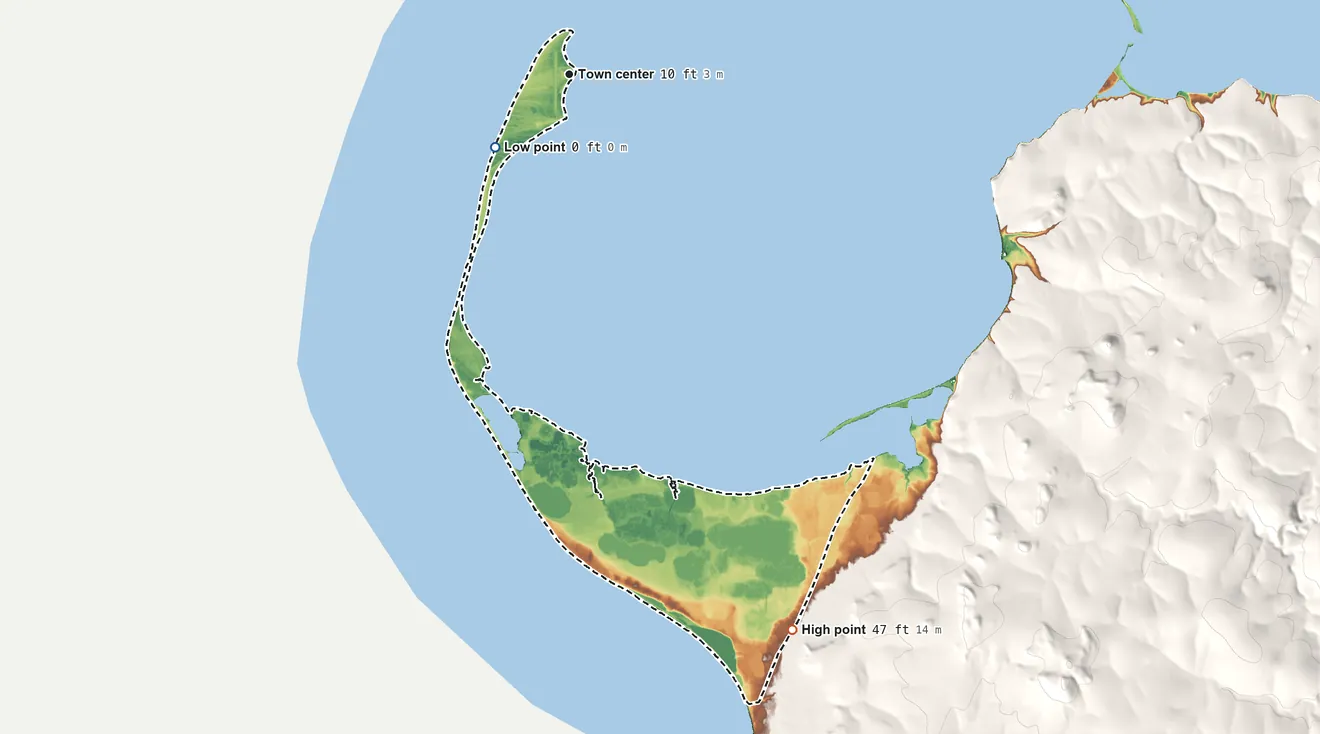 Topographic elevation map of Port Clarence, Alaska, shaded from sea level level on the Bering Sea to 47 ft on the south edge, below higher ground just outside