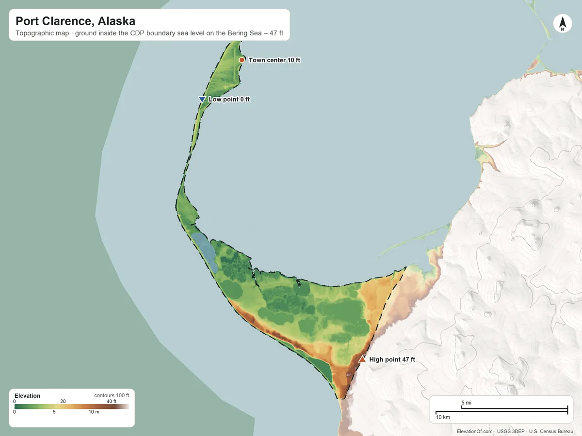Topographic elevation map of Port Clarence, Alaska, shaded from sea level level on the Bering Sea to 47 ft on the south edge, below higher ground just outside