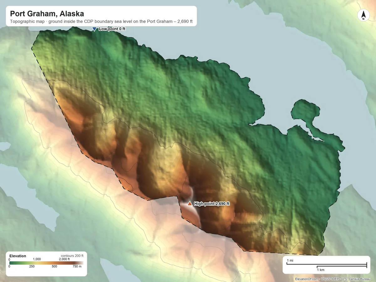 Topographic elevation map of Port Graham, Alaska, shaded from sea level level on the Port Graham to 2,690 ft on the south side