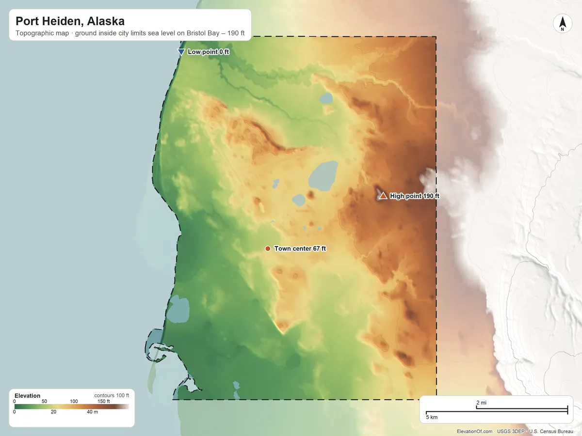 Topographic elevation map of Port Heiden, Alaska, shaded from sea level level on Bristol Bay to 190 ft on the northeast side
