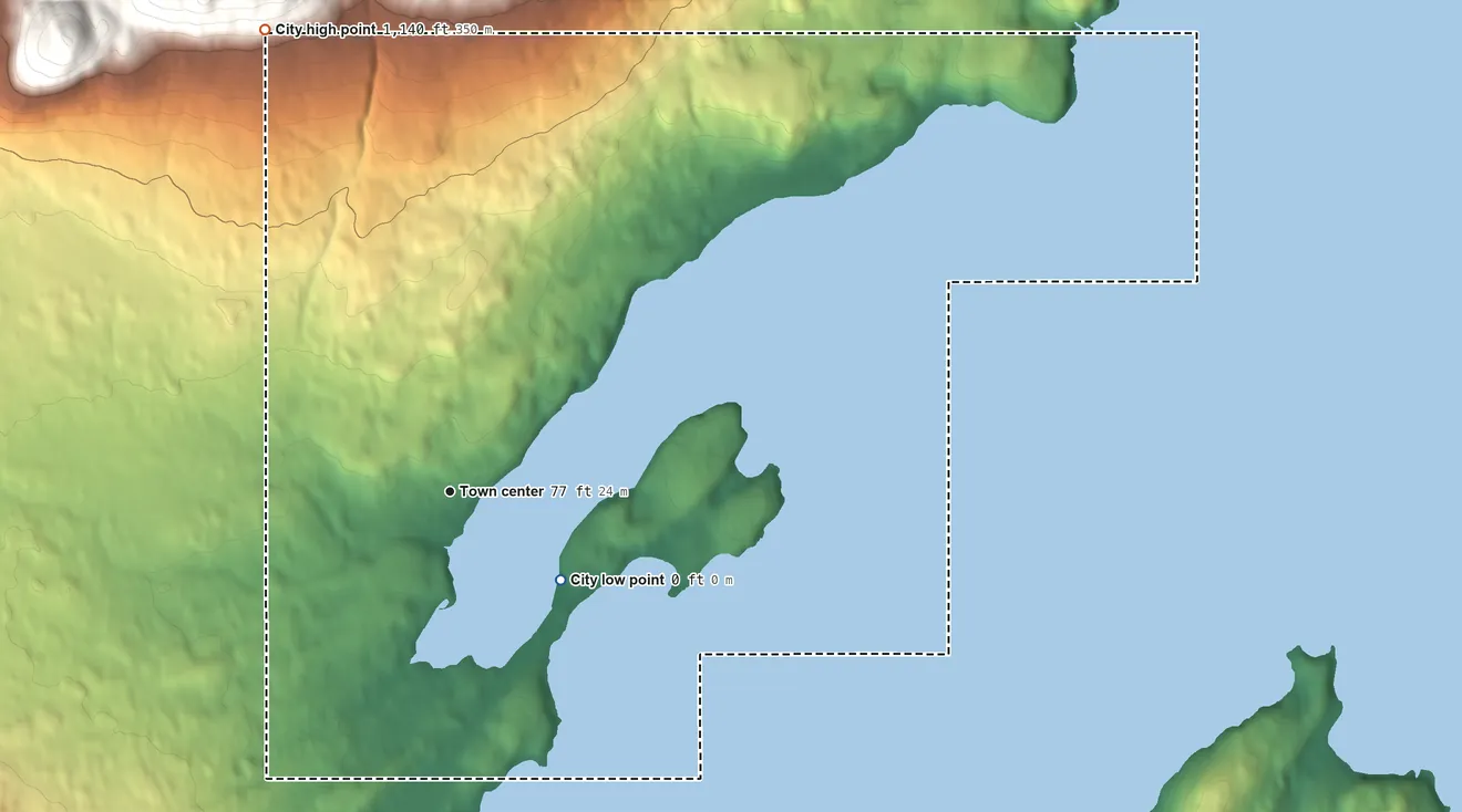 Topographic elevation map of Port Lions, Alaska, shaded from sea level level on Settler Cove to 1,140 ft on the north edge, below higher ground just outside
