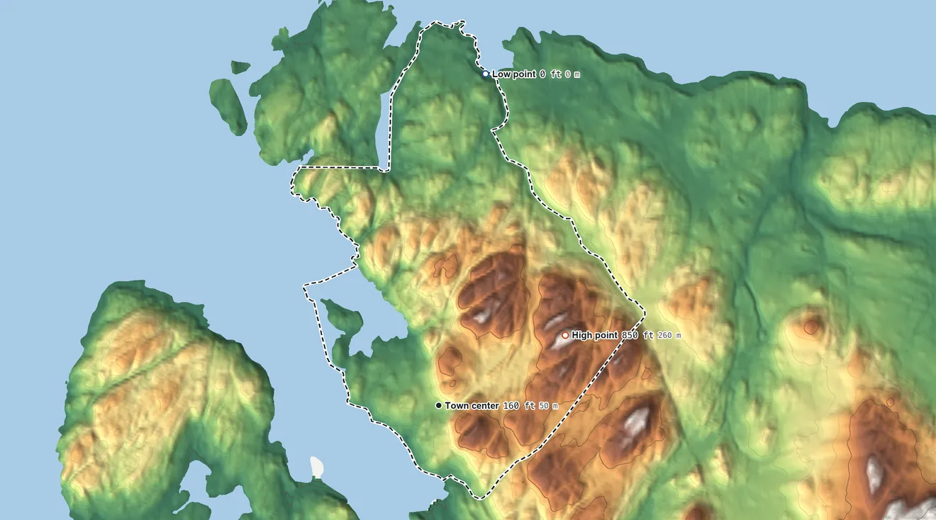 Topographic elevation map of Port Protection, Alaska, shaded from sea level level on Merrifield Bay to 850 ft on the northeast side