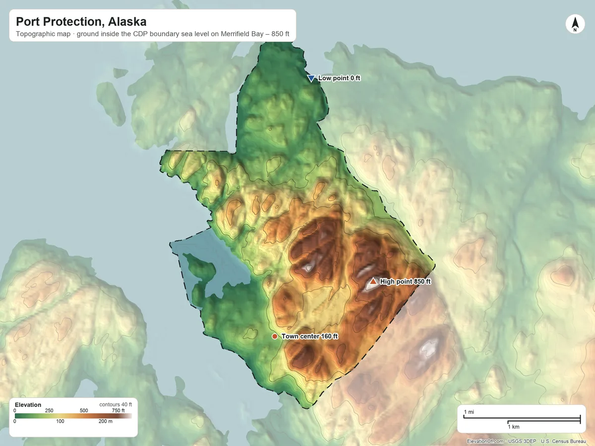Topographic elevation map of Port Protection, Alaska, shaded from sea level level on Merrifield Bay to 850 ft on the northeast side
