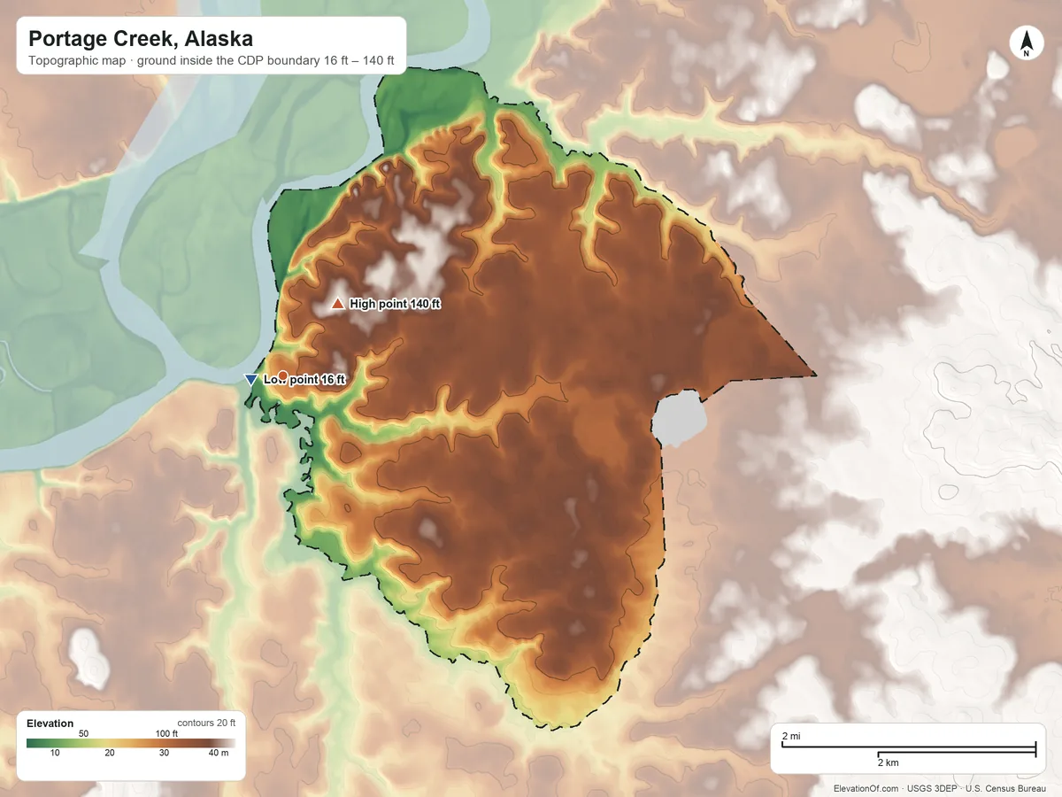 Topographic elevation map of Portage Creek, Alaska, shaded from 16 ft near the middle to 140 ft on the northeast side