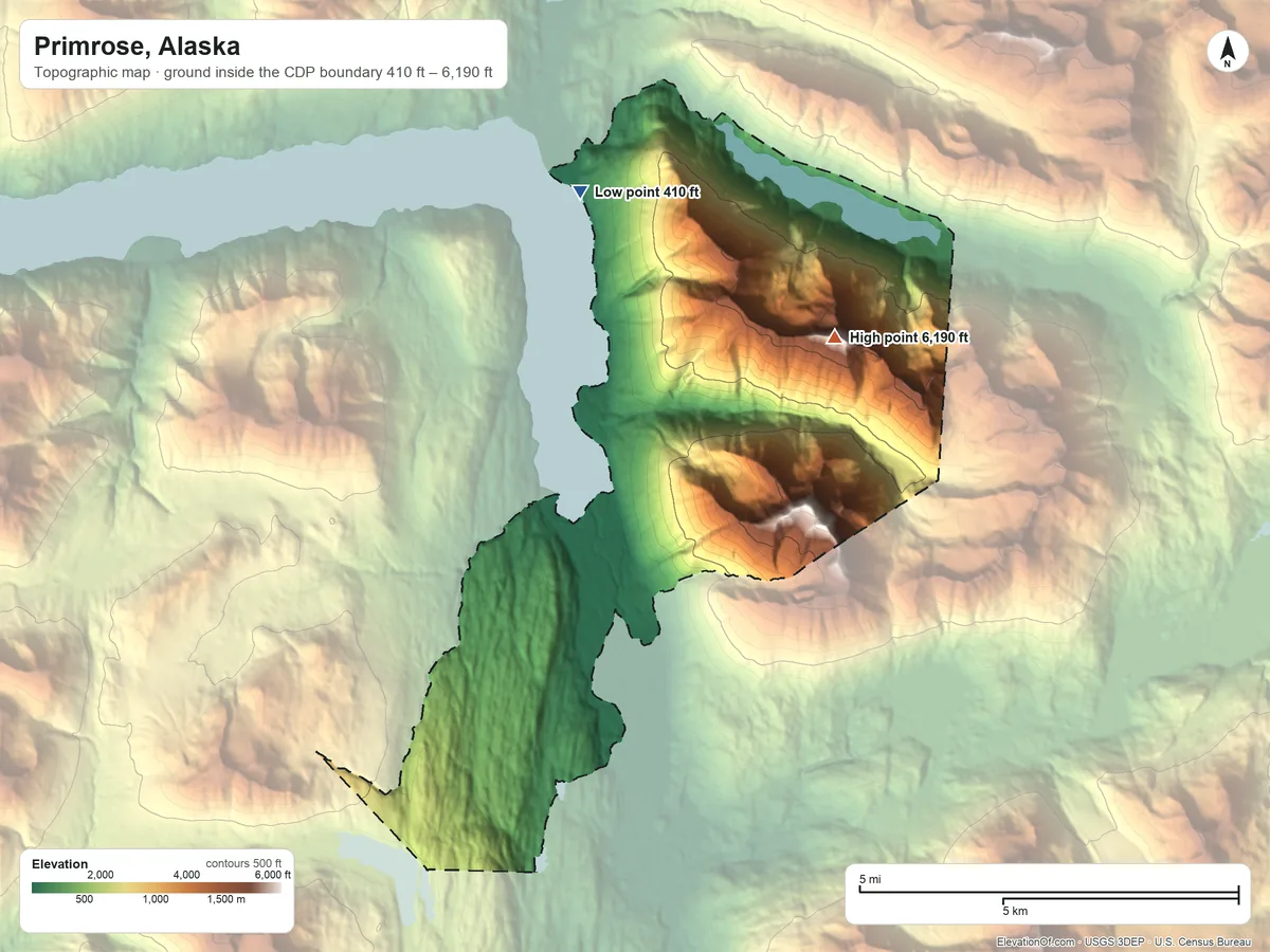 Topographic elevation map of Primrose, Alaska, shaded from 410 ft on the north side to 6,190 ft on Andy Simons Mountain