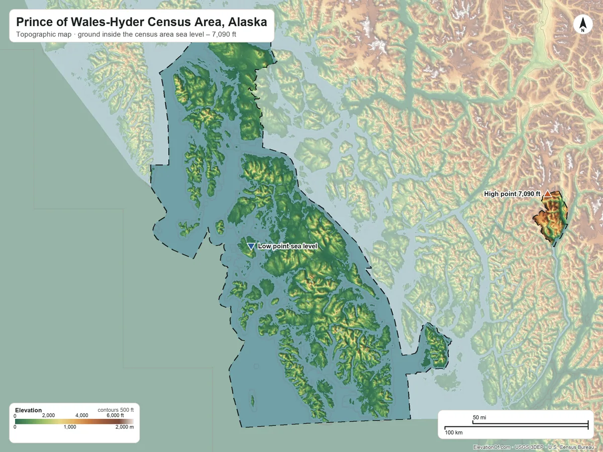 Topographic elevation map of Prince of Wales-Hyder Census Area, Alaska, shaded from sea level on Warm Chuck Inlet to 7,090 ft on Mount Jefferson Coolidge