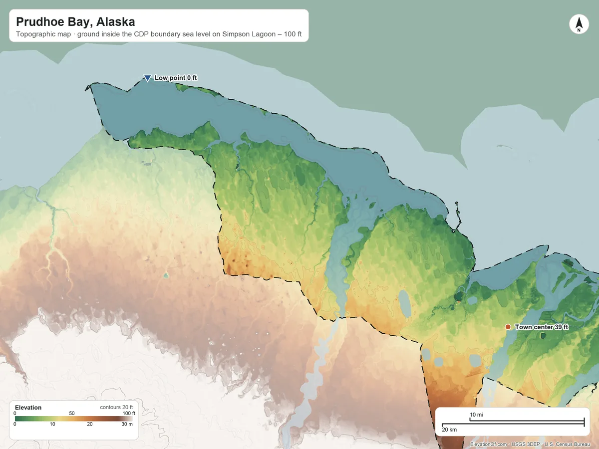 Topographic elevation map of Prudhoe Bay, Alaska, shaded from sea level level on Simpson Lagoon to 100 ft on the southwest side