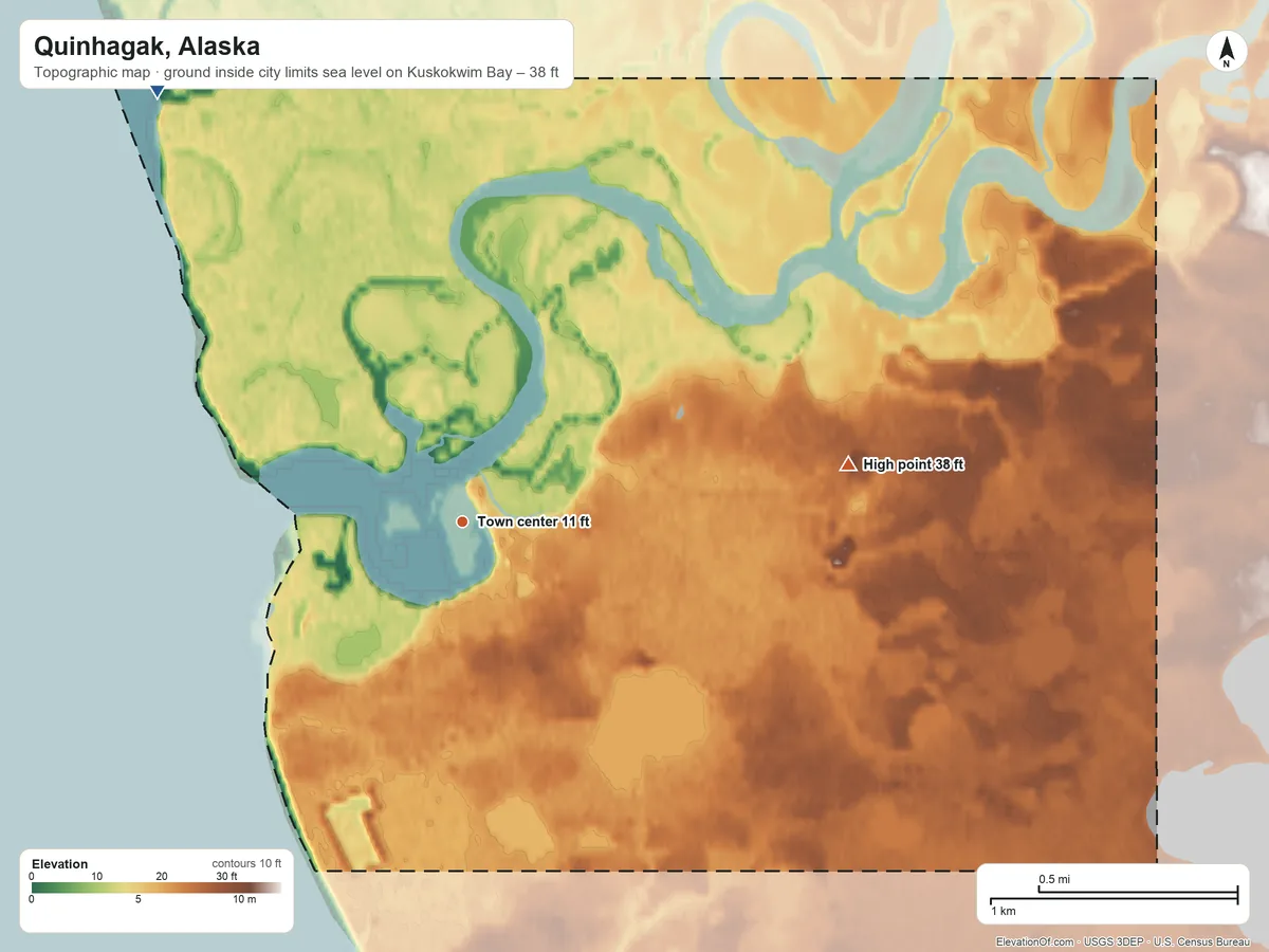 Topographic elevation map of Quinhagak, Alaska, shaded from sea level level on Kuskokwim Bay to 38 ft on the east side