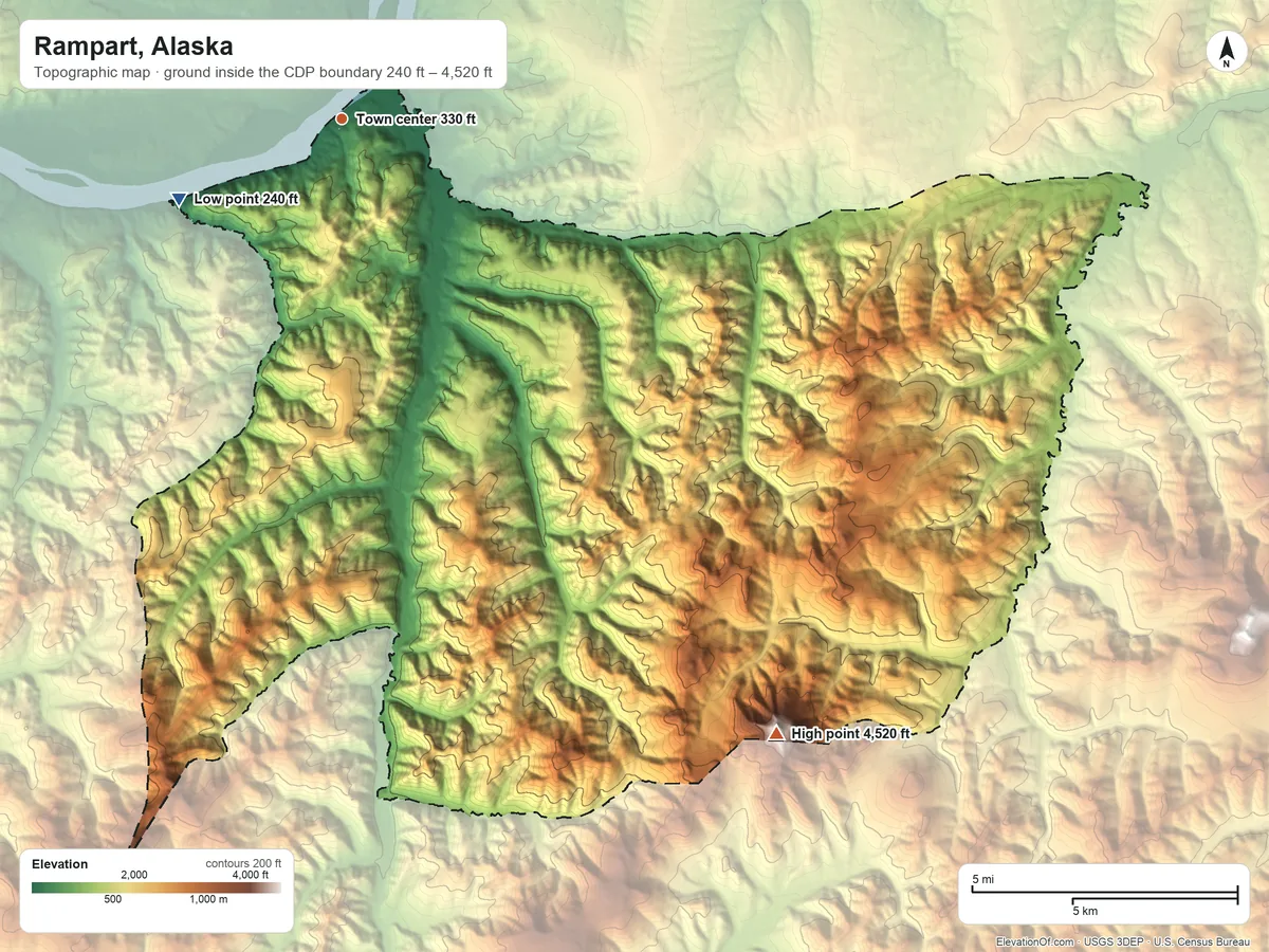 Topographic elevation map of Rampart, Alaska, shaded from 240 ft on the southwest side to 4,520 ft on Wolverine Mountain
