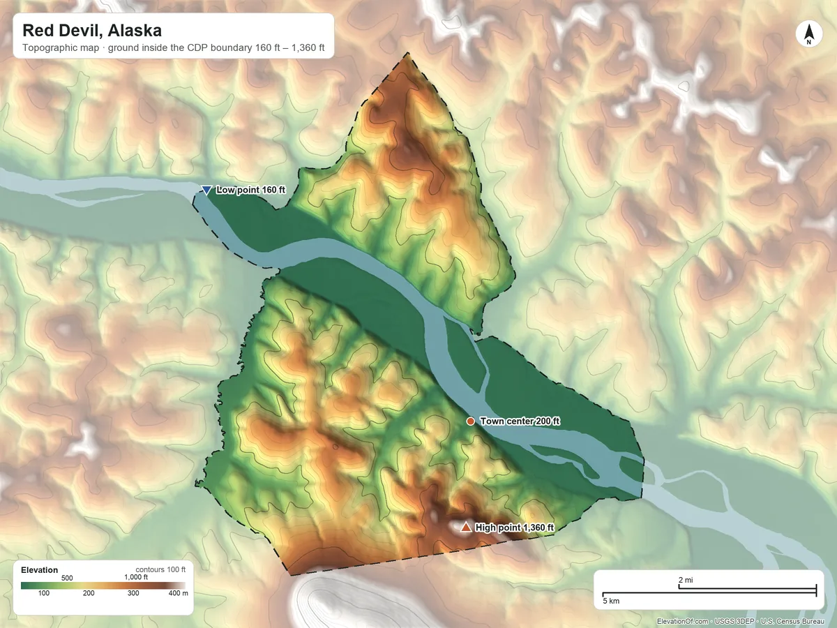 Topographic elevation map of Red Devil, Alaska, shaded from 160 ft on the northwest side to 1,360 ft on the south edge, below higher ground just outside