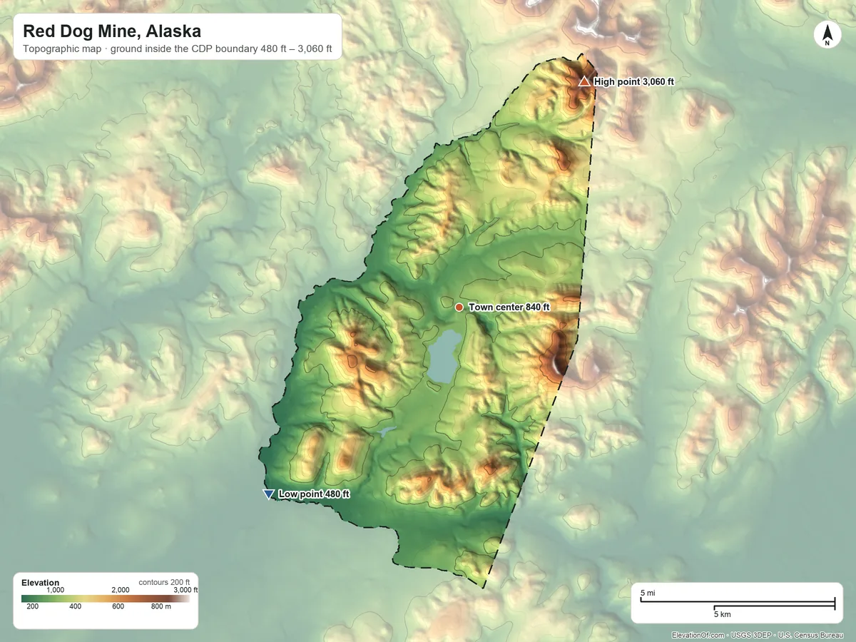 Topographic elevation map of Red Dog Mine, Alaska, shaded from 480 ft on the southwest side to 3,060 ft on the northeast side