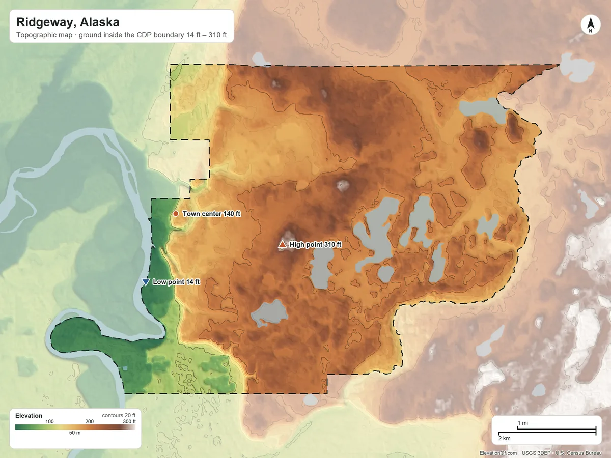 Topographic elevation map of Ridgeway, Alaska, shaded from 14 ft on the southwest side to 310 ft on the east side