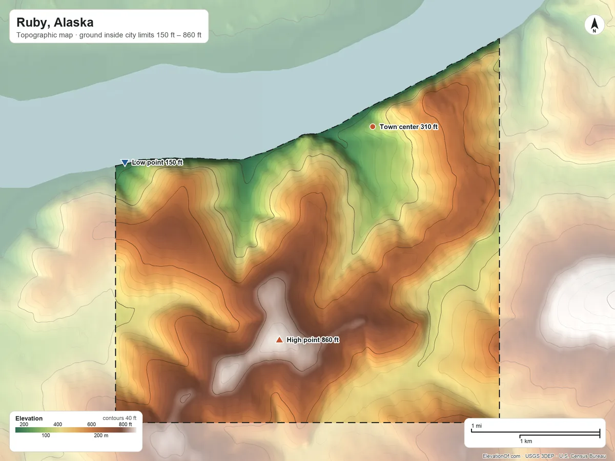 Topographic elevation map of Ruby, Alaska, shaded from 150 ft on the west side to 860 ft on the southwest side