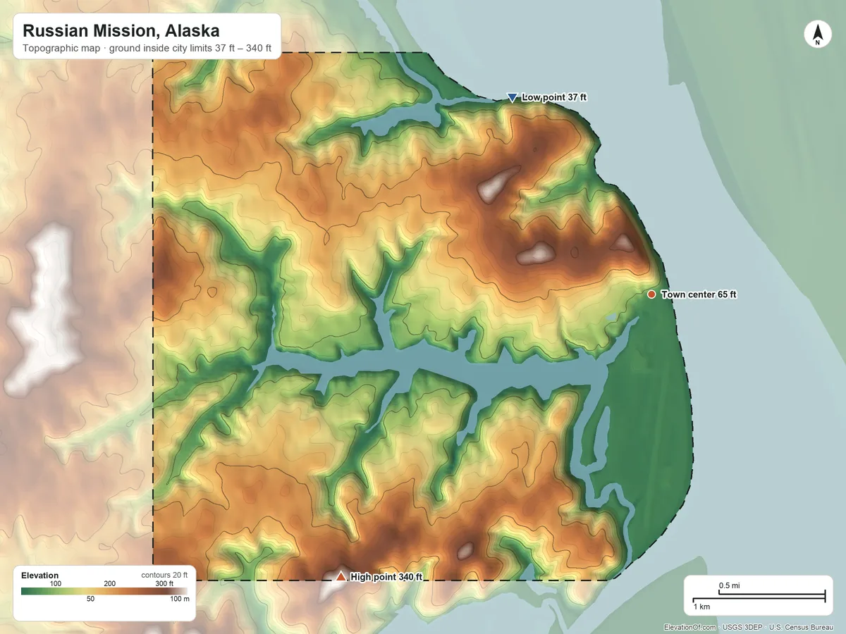 Topographic elevation map of Russian Mission, Alaska, shaded from 37 ft on the northwest side to 340 ft on the southwest side