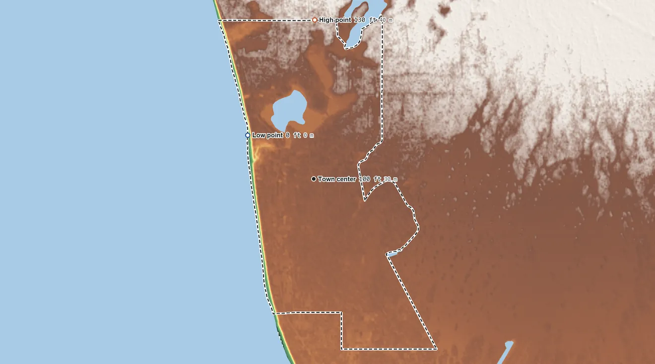 Topographic elevation map of Salamatof, Alaska, shaded from sea level level on Cook Inlet to 130 ft on the north side