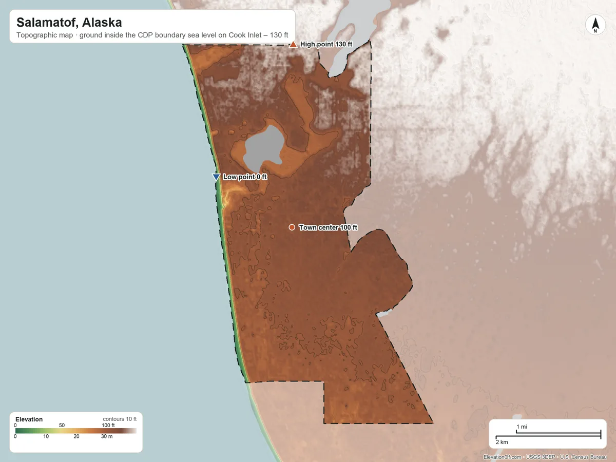 Topographic elevation map of Salamatof, Alaska, shaded from sea level level on Cook Inlet to 130 ft on the north side