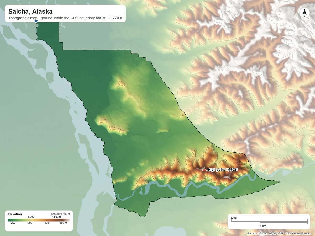 Topographic elevation map of Salcha, Alaska, shaded from 550 ft on the northwest side to 1,770 ft on the southeast side