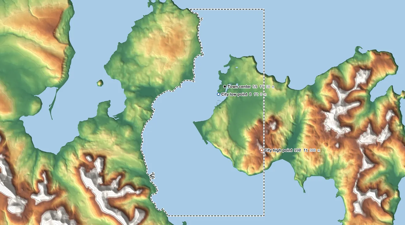 Topographic elevation map of Sand Point, Alaska, shaded from sea level level on the Unga Strait to 990 ft on the southeast side