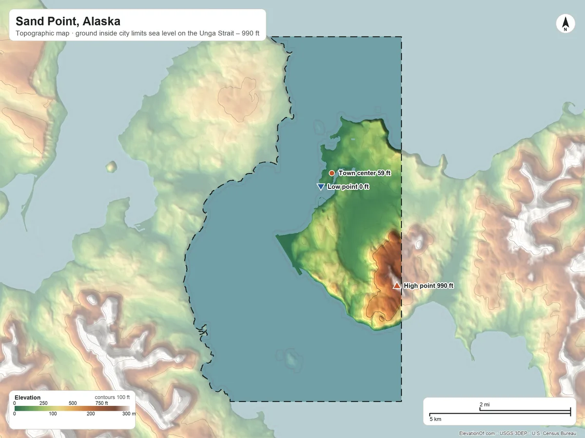 Topographic elevation map of Sand Point, Alaska, shaded from sea level level on the Unga Strait to 990 ft on the southeast side