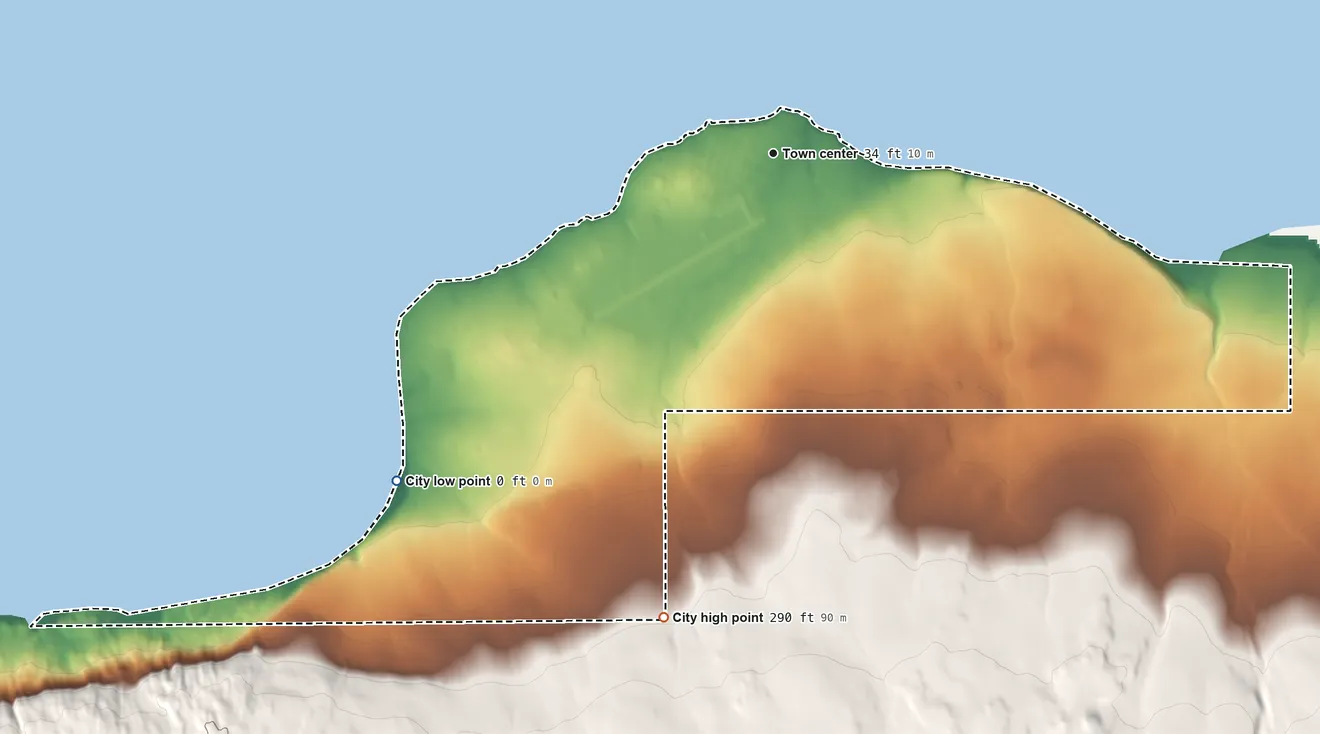 Topographic elevation map of Savoonga, Alaska, shaded from sea level level on Koomlangeelkuk Bay to 290 ft at the foot of the Kookooligit Mountains