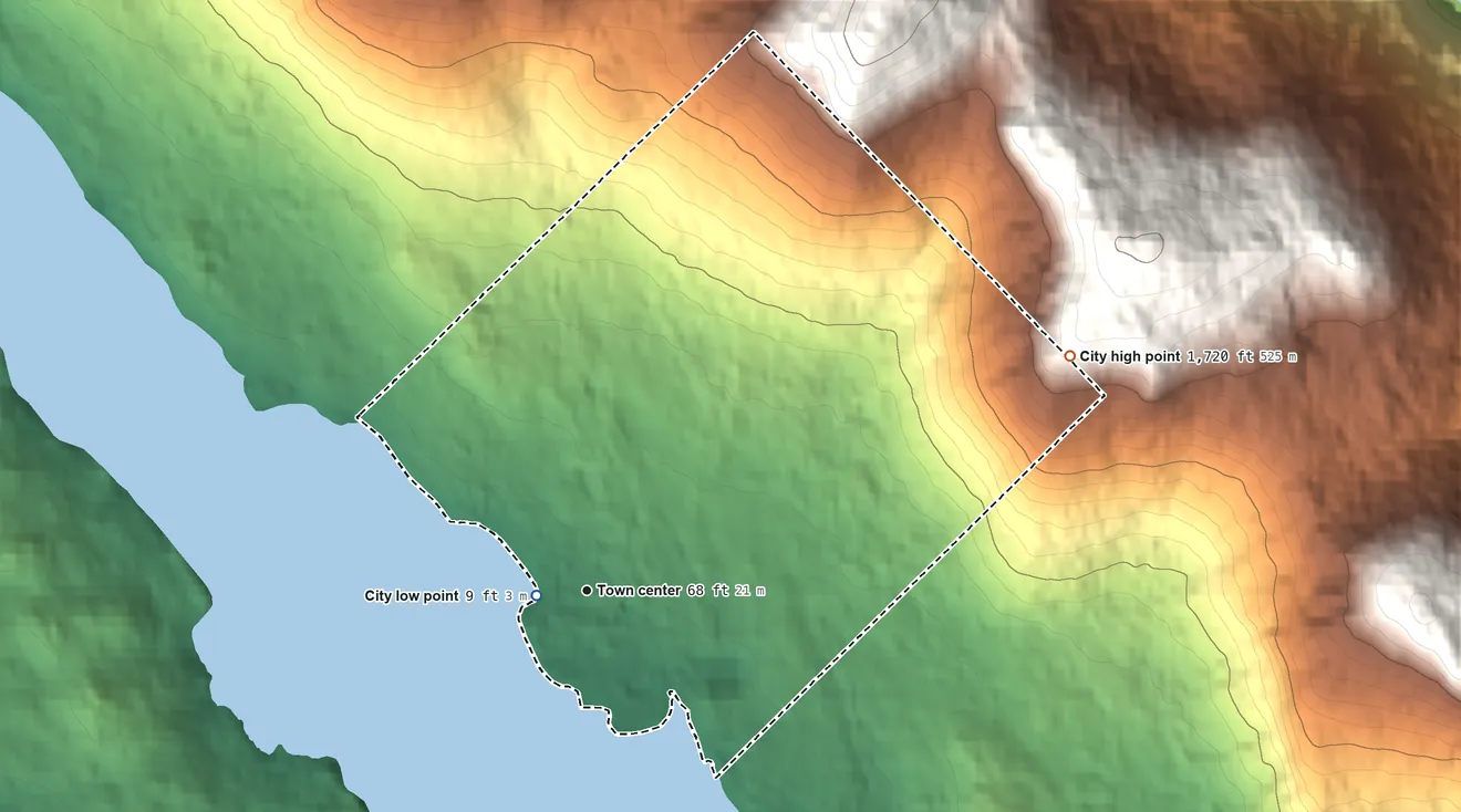 Topographic elevation map of Saxman, Alaska, shaded from 9 ft near the middle to 1,720 ft at the foot of the California Ridge