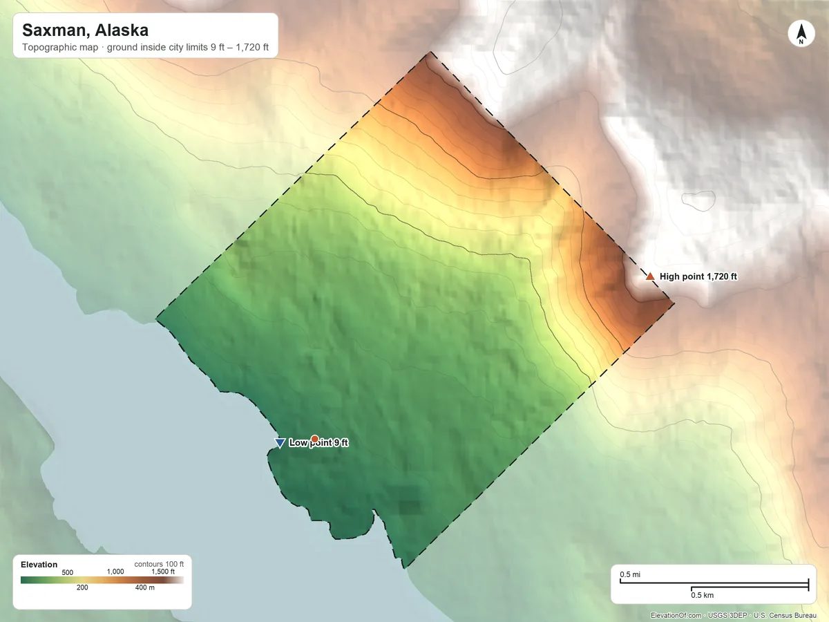 Topographic elevation map of Saxman, Alaska, shaded from 9 ft near the middle to 1,720 ft at the foot of the California Ridge