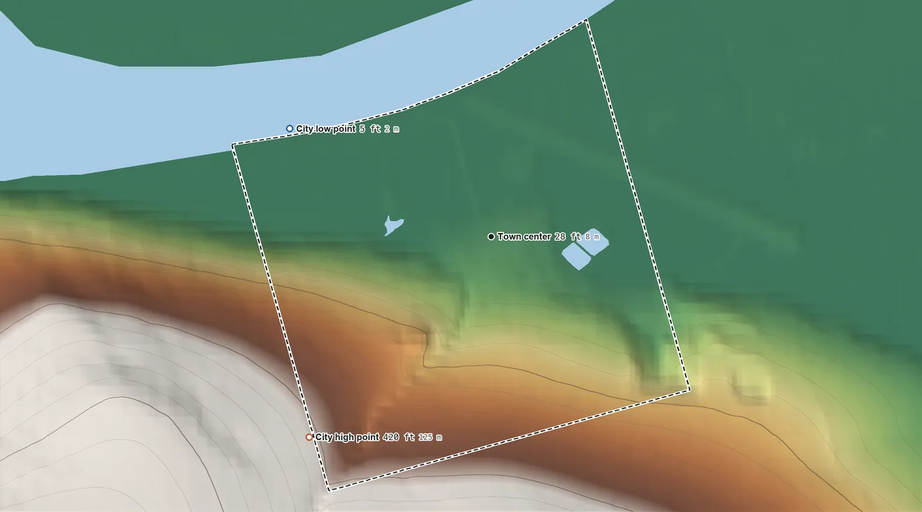 Topographic elevation map of Scammon Bay, Alaska, shaded from 5 ft on the northwest side to 420 ft on the southwest edge, below higher ground just outside