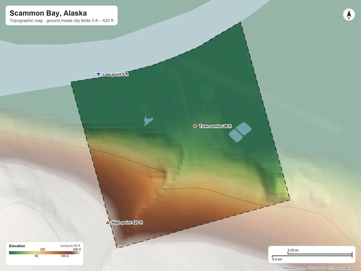 Topographic elevation map of Scammon Bay, Alaska, shaded from 5 ft on the northwest side to 420 ft on the southwest edge, below higher ground just outside