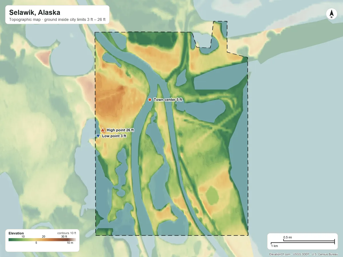 Topographic elevation map of Selawik, Alaska, shaded from 3 ft on the southwest side to 26 ft on the southwest side