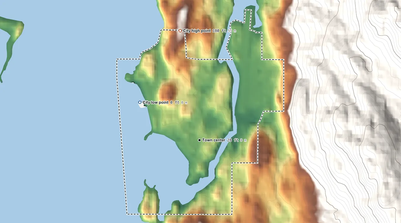 Topographic elevation map of Seldovia, Alaska, shaded from sea level level on Seldovia Bay to 180 ft on the north edge, below higher ground just outside