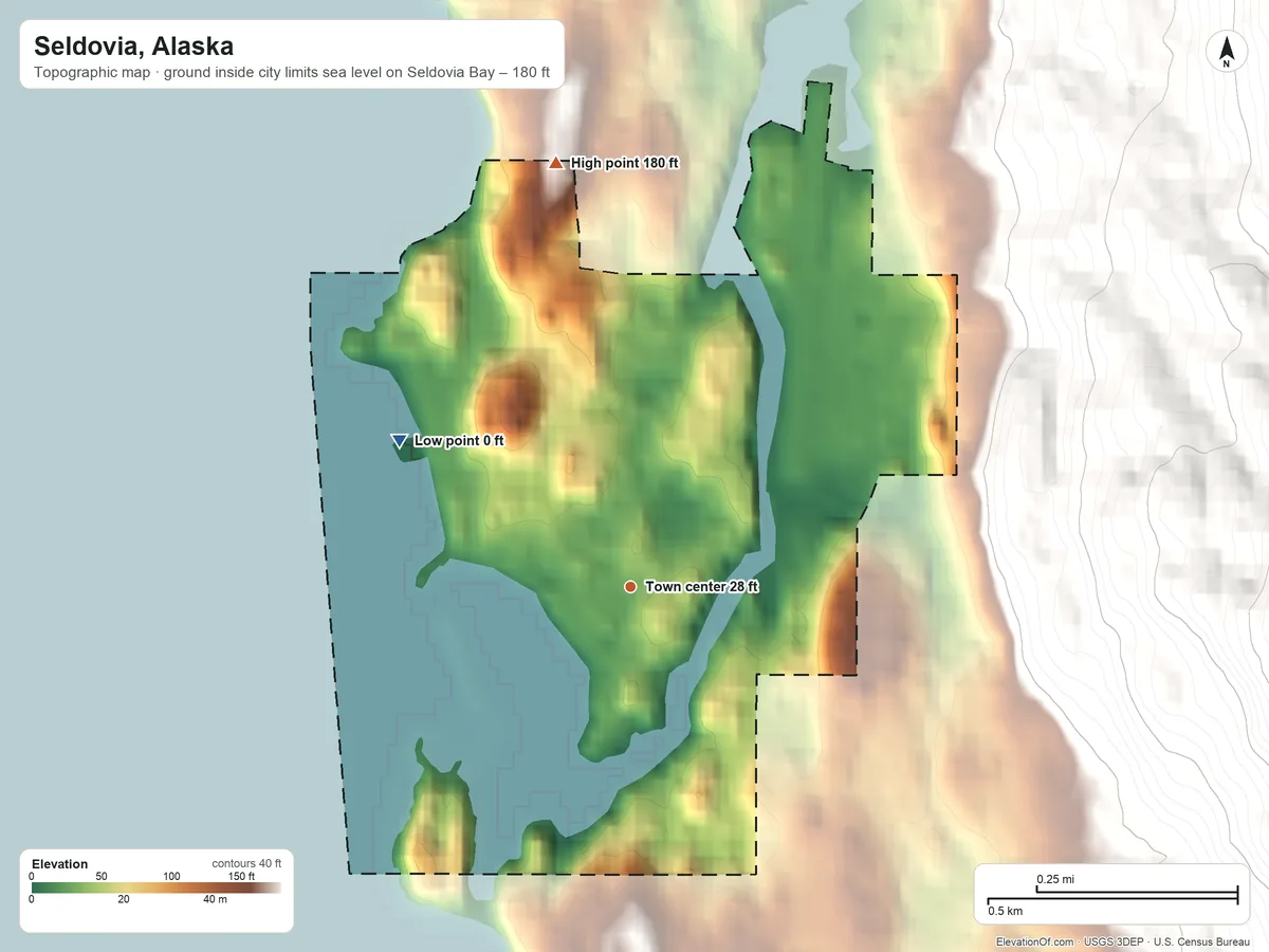 Topographic elevation map of Seldovia, Alaska, shaded from sea level level on Seldovia Bay to 180 ft on the north edge, below higher ground just outside