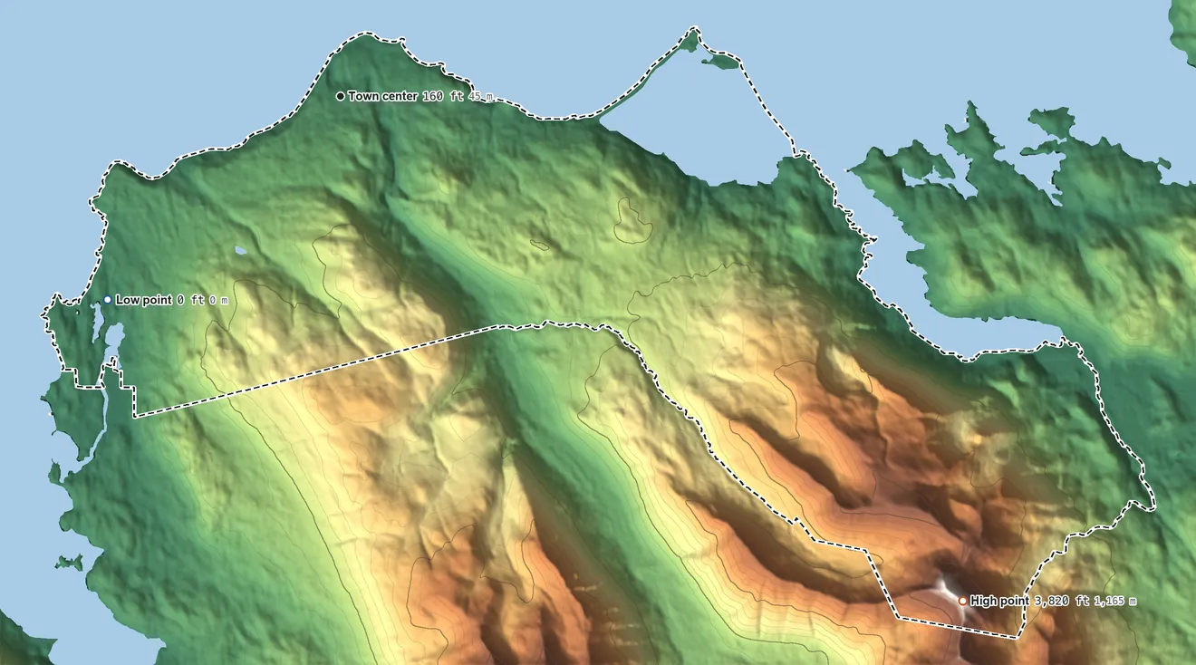 Topographic elevation map of Seldovia Village, Alaska, shaded from sea level level on Seldovia Bay to 3,820 ft on the southeast side