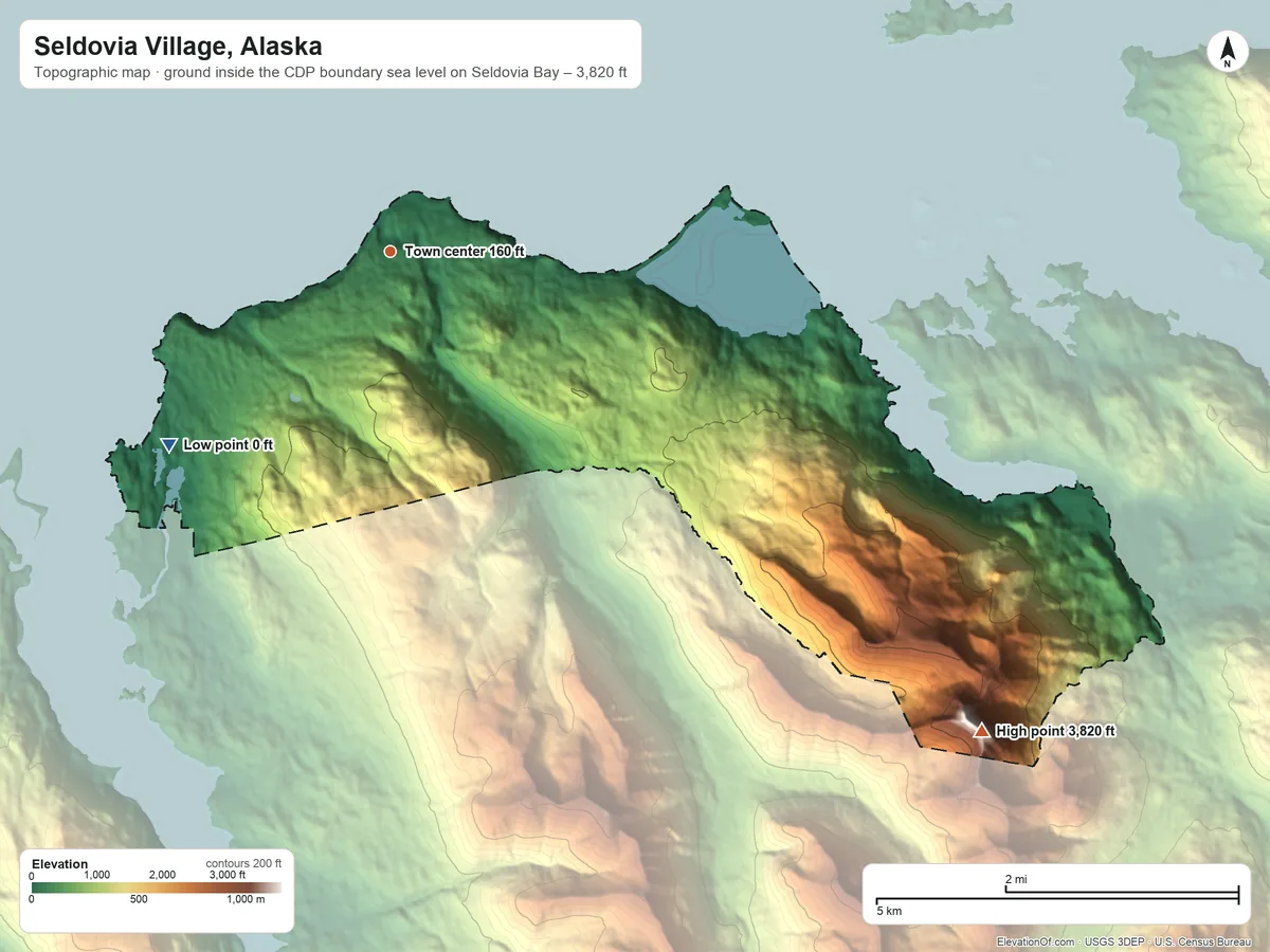 Topographic elevation map of Seldovia Village, Alaska, shaded from sea level level on Seldovia Bay to 3,820 ft on the southeast side