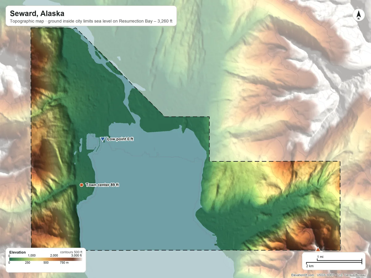 Topographic elevation map of Seward, Alaska, shaded from sea level level on Resurrection Bay to 3,260 ft on the east edge, below higher ground just outside