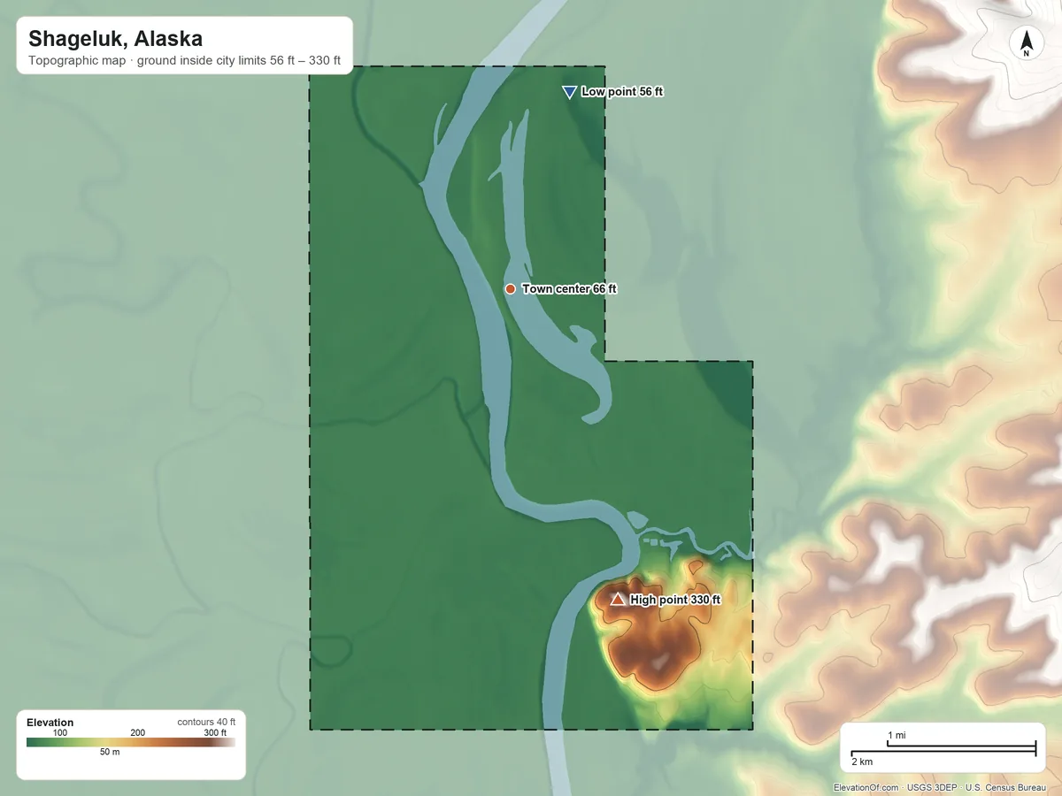 Topographic elevation map of Shageluk, Alaska, shaded from 56 ft on the north side to 330 ft on the south side