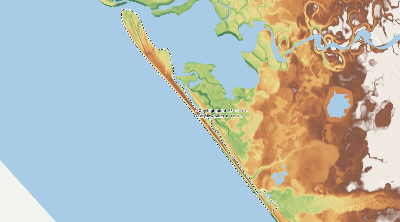 Topographic elevation map of Shaktoolik, Alaska, shaded from sea level level on Shaktoolik Bay to 28 ft on the southeast side