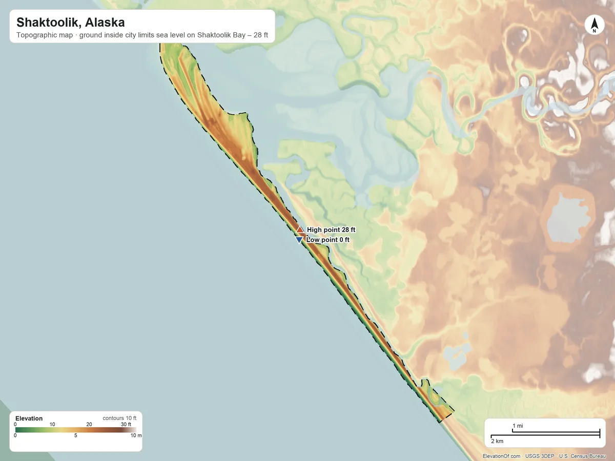 Topographic elevation map of Shaktoolik, Alaska, shaded from sea level level on Shaktoolik Bay to 28 ft on the southeast side
