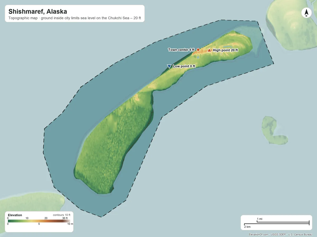 Topographic elevation map of Shishmaref, Alaska, shaded from sea level level on the Chukchi Sea to 20 ft near the middle