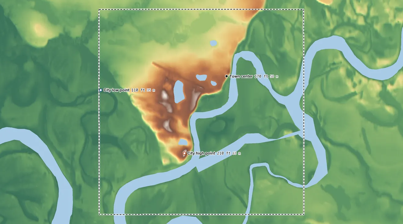 Topographic elevation map of Shungnak, Alaska, shaded from 110 ft on the west side to 210 ft on the southwest side