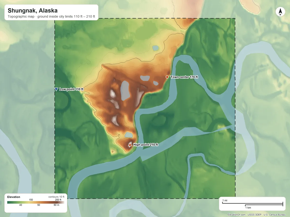 Topographic elevation map of Shungnak, Alaska, shaded from 110 ft on the west side to 210 ft on the southwest side