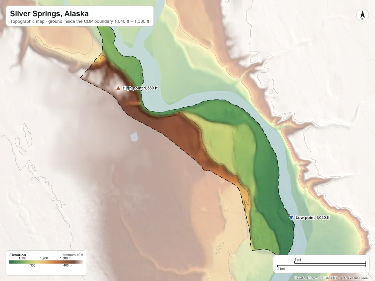Topographic elevation map of Silver Springs, Alaska, shaded from 1,040 ft on the southeast side to 1,380 ft on the northwest side
