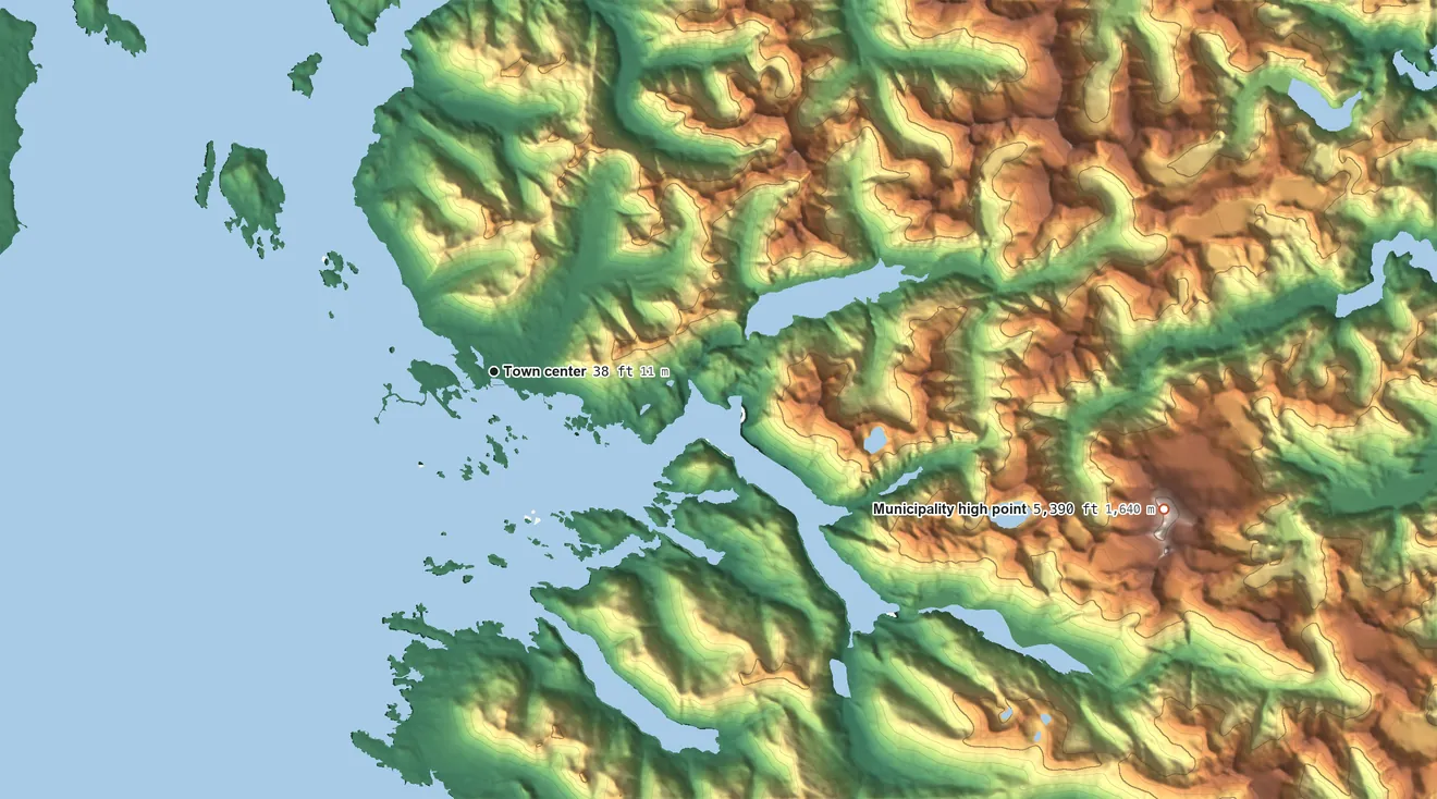 Topographic elevation map of Sitka, Alaska, shaded from sea level level on the Slocum Arm to 5,390 ft on the east side