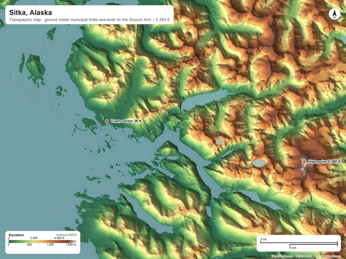 Topographic elevation map of Sitka, Alaska, shaded from sea level level on the Slocum Arm to 5,390 ft on the east side