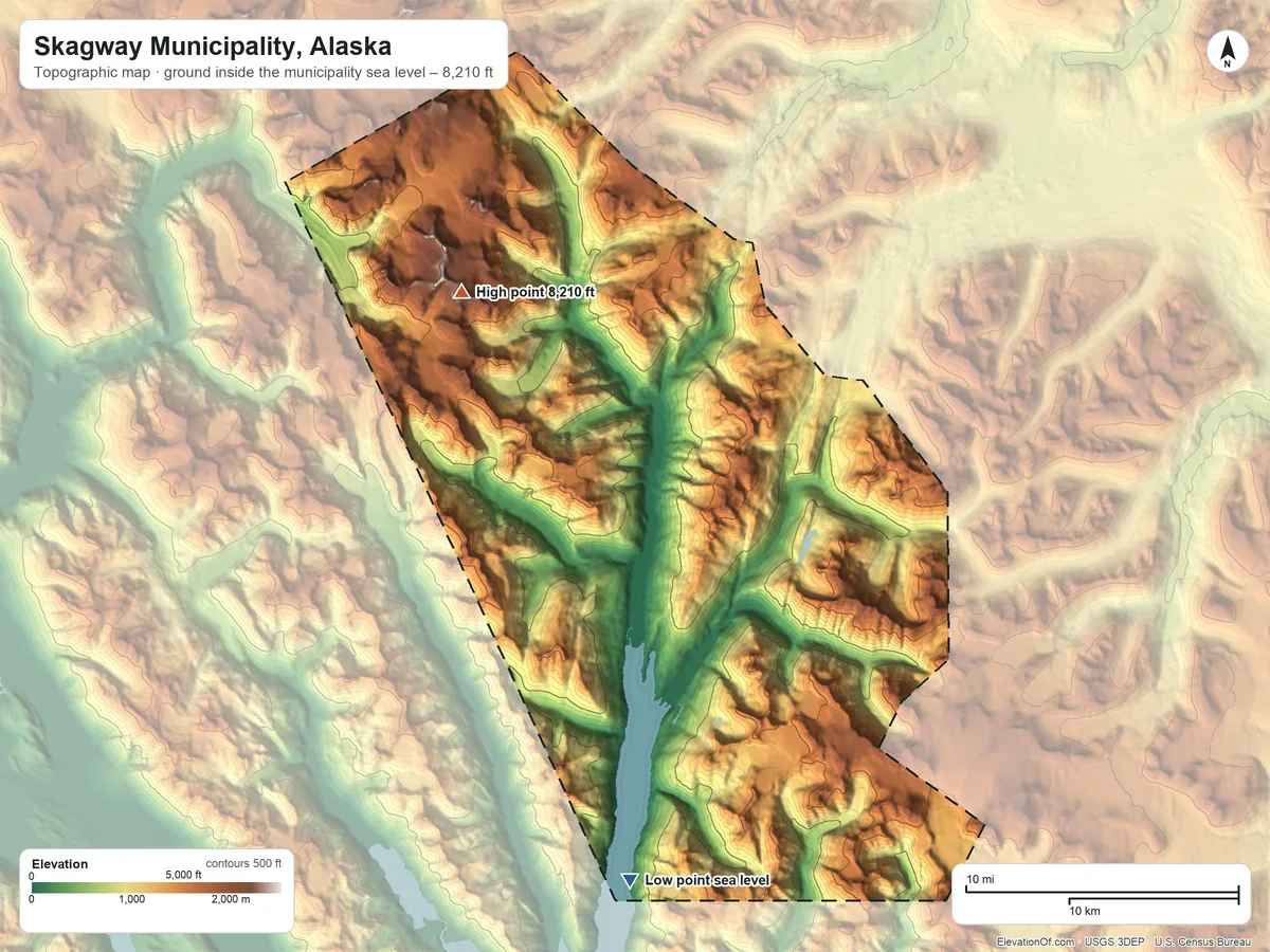 Topographic elevation map of Skagway Municipality, Alaska, shaded from sea level on Taiya Inlet to 8,210 ft on the northwest side
