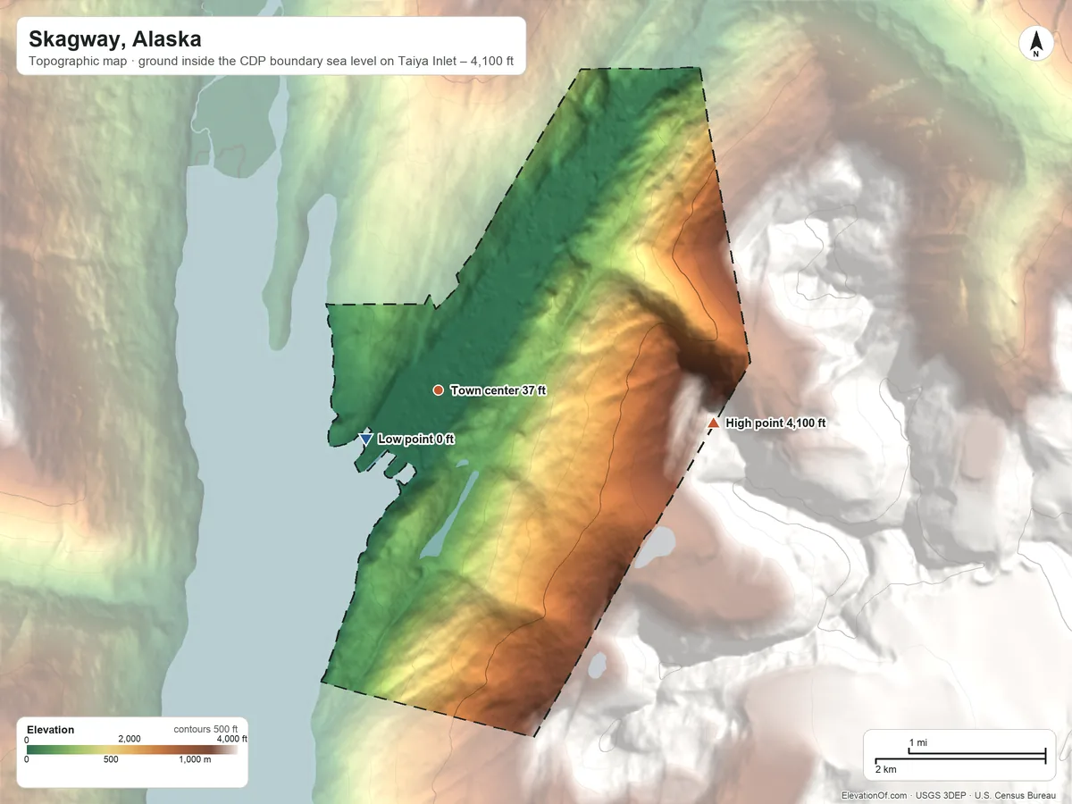 Topographic elevation map of Skagway, Alaska, shaded from sea level level on Taiya Inlet to 4,100 ft on the east edge, below higher ground just outside