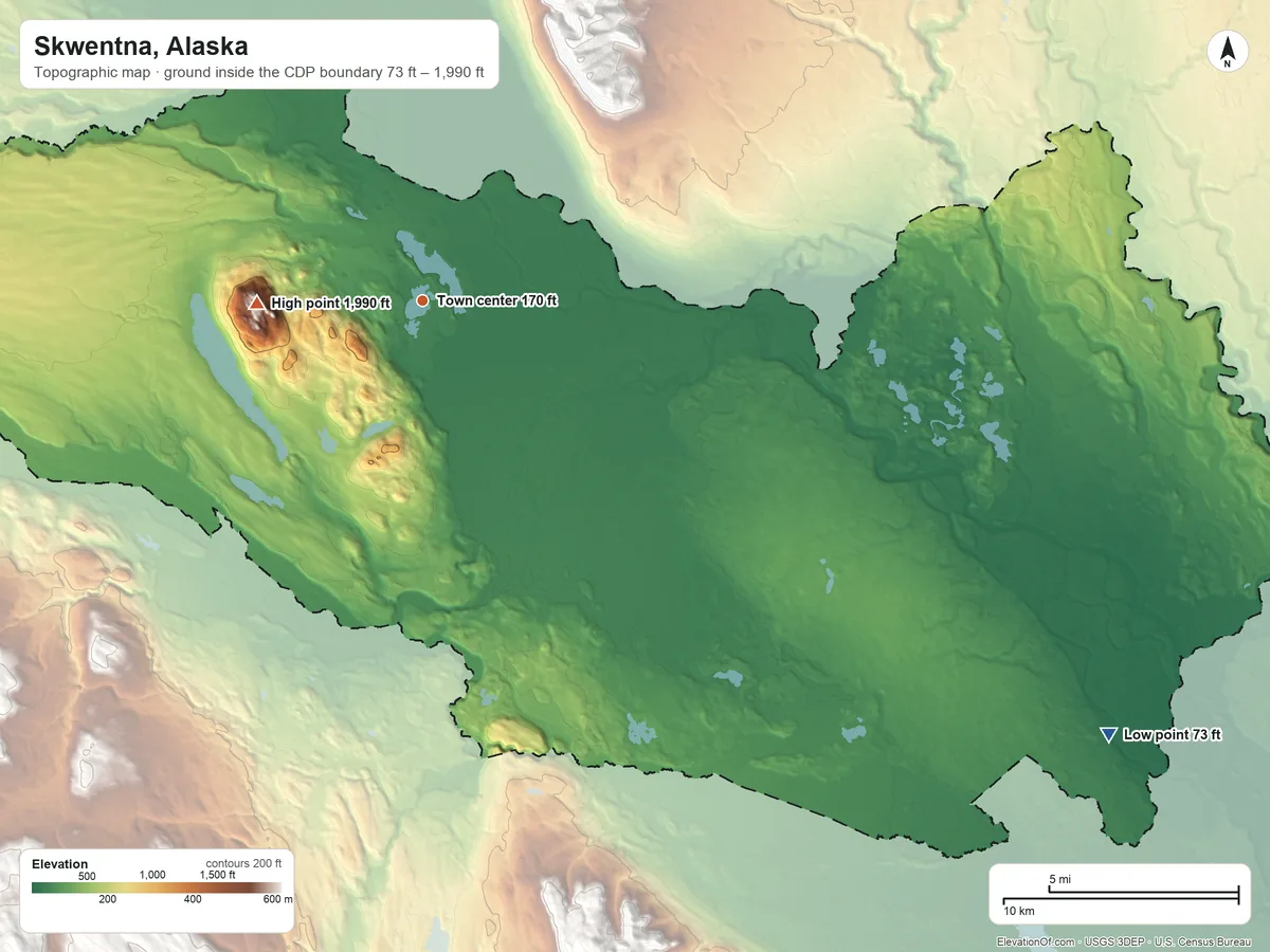 Topographic elevation map of Skwentna, Alaska, shaded from 73 ft on the southeast side to 1,990 ft on the west side