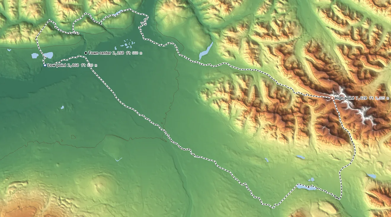 Topographic elevation map of Slana, Alaska, shaded from 2,060 ft on the west side to 7,620 ft at the foot of the Mentasta Mountains