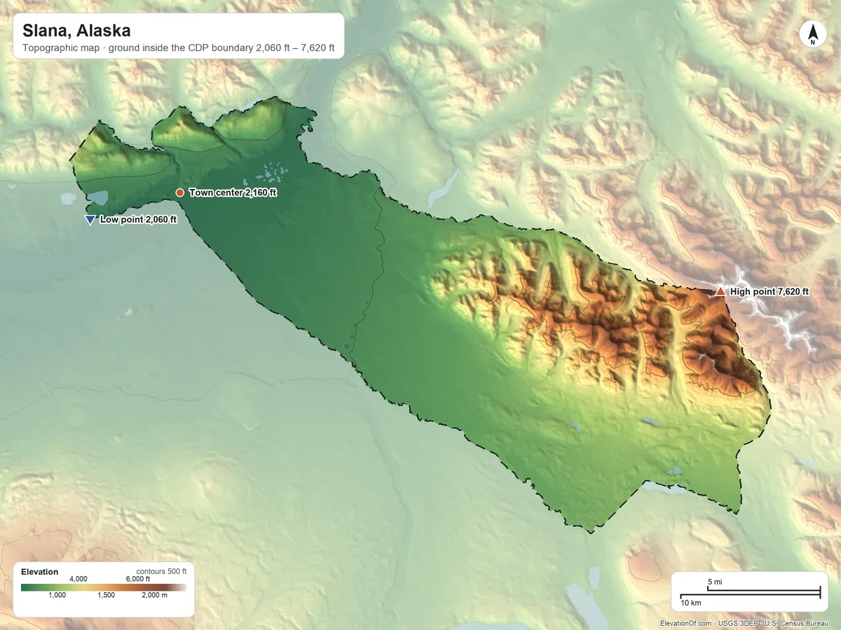 Topographic elevation map of Slana, Alaska, shaded from 2,060 ft on the west side to 7,620 ft at the foot of the Mentasta Mountains