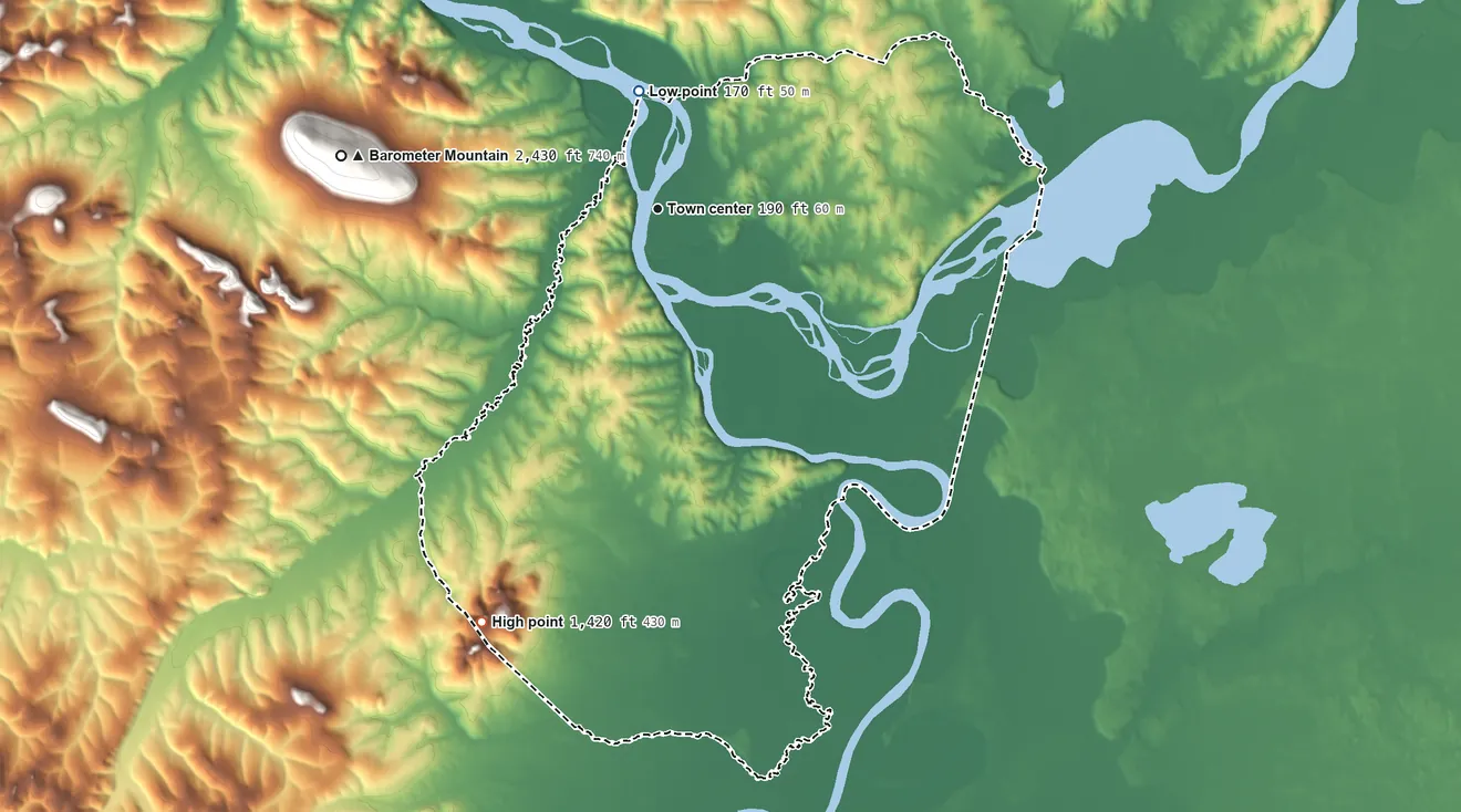 Topographic elevation map of Sleetmute, Alaska, shaded from 170 ft on the north side to 1,420 ft on the southwest side