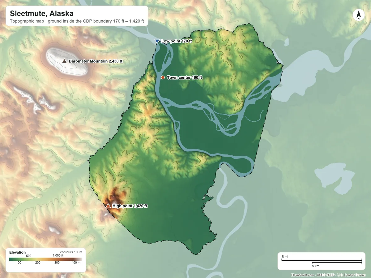 Topographic elevation map of Sleetmute, Alaska, shaded from 170 ft on the north side to 1,420 ft on the southwest side